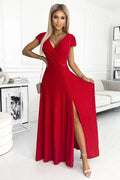 Robe de soirée élégante longue manches courtes encolure en V fente rouge vif matière fluide taille ajustable femme
