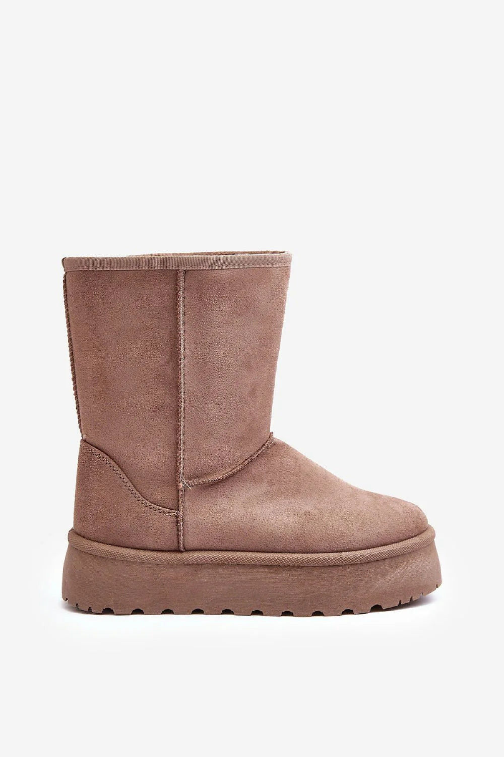 bottes neige femme slipon suédé taupe mi mollet bout rond coutures apparentes plateforme épaisse crantée antidérapante fourrée intérieure chaude confortable