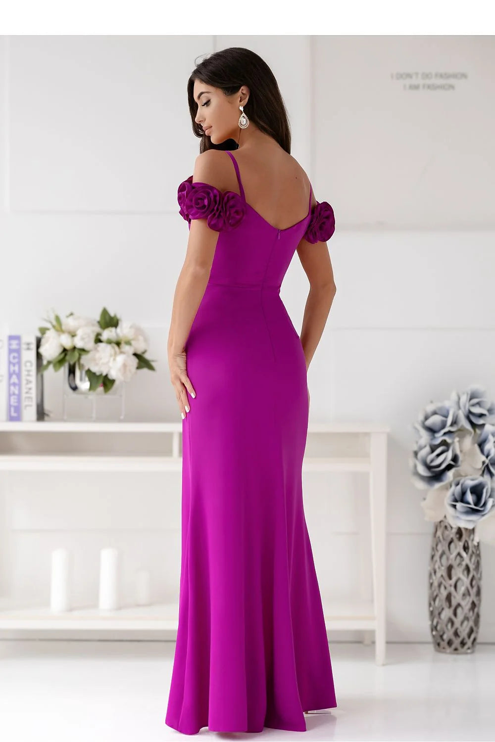 Robe de soirée élégante longue fente manches fleurs violet vif dos nu ajustée femmes polyester soie