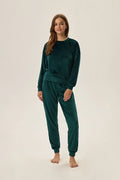 Ensemble Henderson pour femmes velours vert émeraude confortable style décontracté deux pièces manches longues pantalon taille élastique