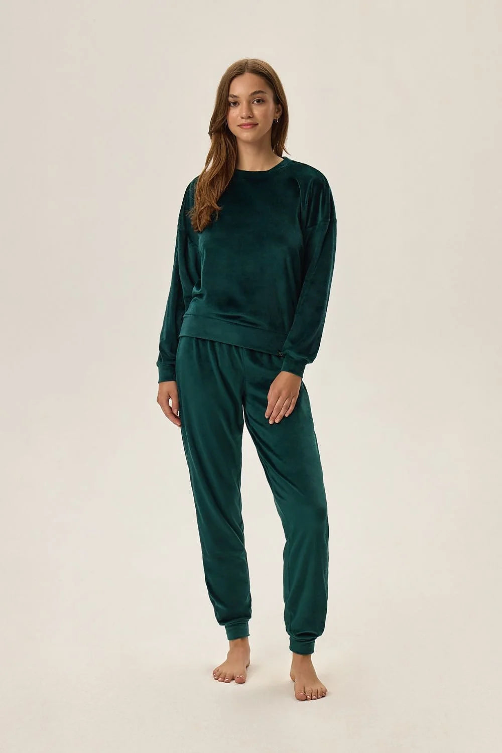 Ensemble Henderson pour femmes velours vert émeraude confortable style décontracté deux pièces manches longues pantalon taille élastique