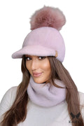 Bonnet et écharpe tube Kamea pour femme, visière rose, pompon fourrure, coupe ajustée, hiver automne, mode élégante