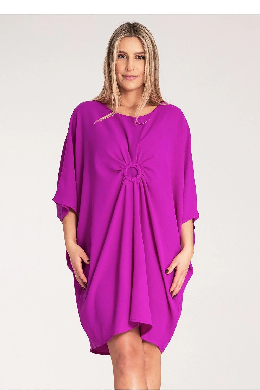 Robe de jour moderne pour femme couleur violet manches courtes détail circulaire polyester robe asymétrique tailles S à XL