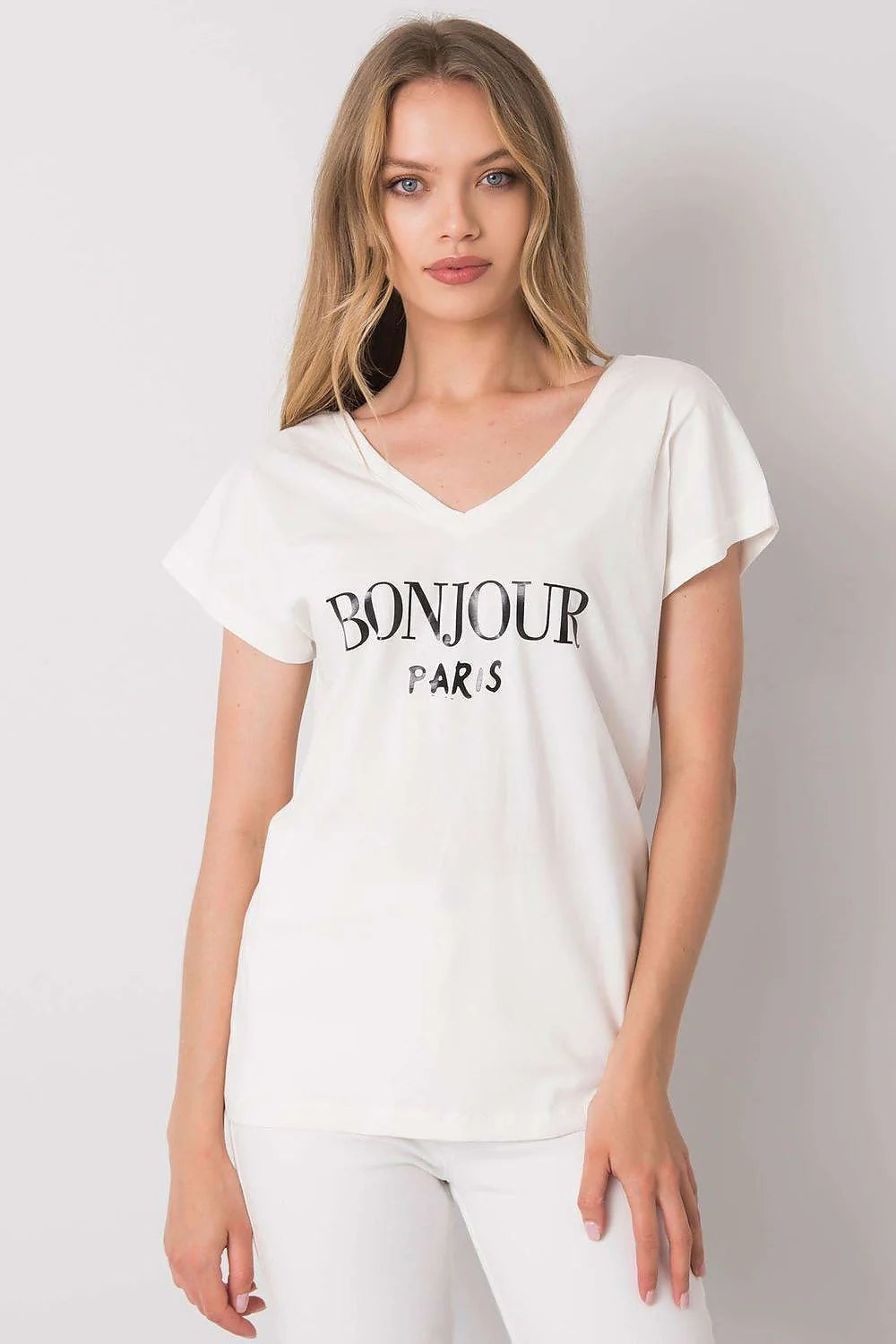 T-shirt femme style parisien rouge vif col V manches courtes coupe droite 100% coton 'BONJOUR PARIS'