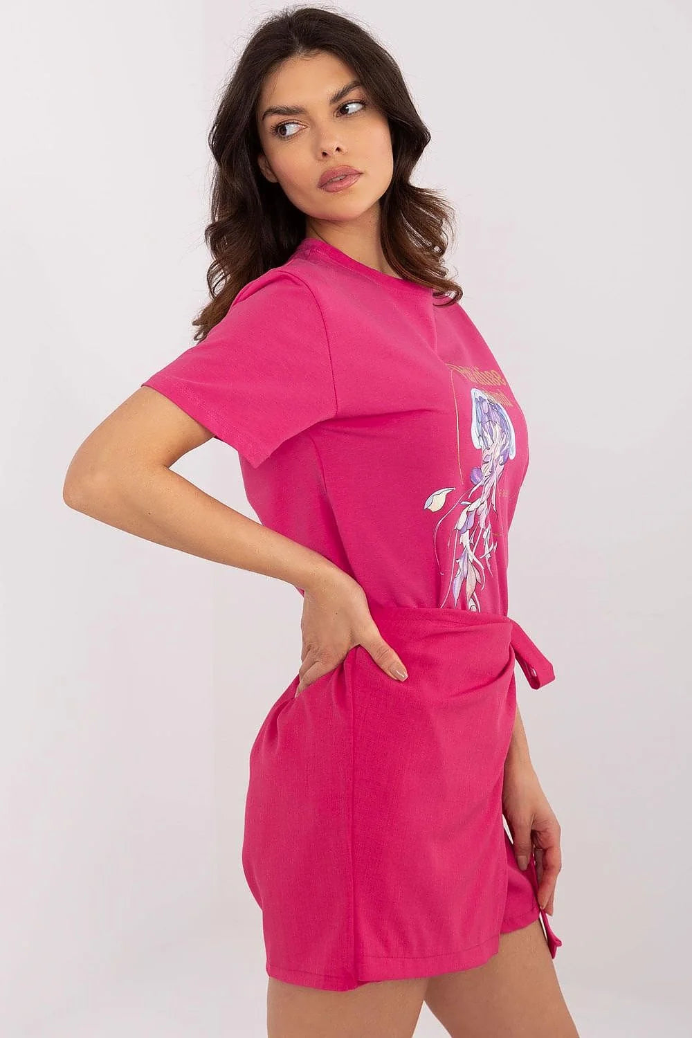 Robe t-shirt femme style casual moderne coton mélange méduse stylisée Paradise Island She dream of rose vif violet bleu doré ceinture intégrable