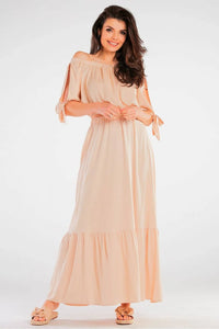 Chemisier awama beige bohème fluide ample sans-manches dénudé épaules smockée longueur maxi femme espagnol