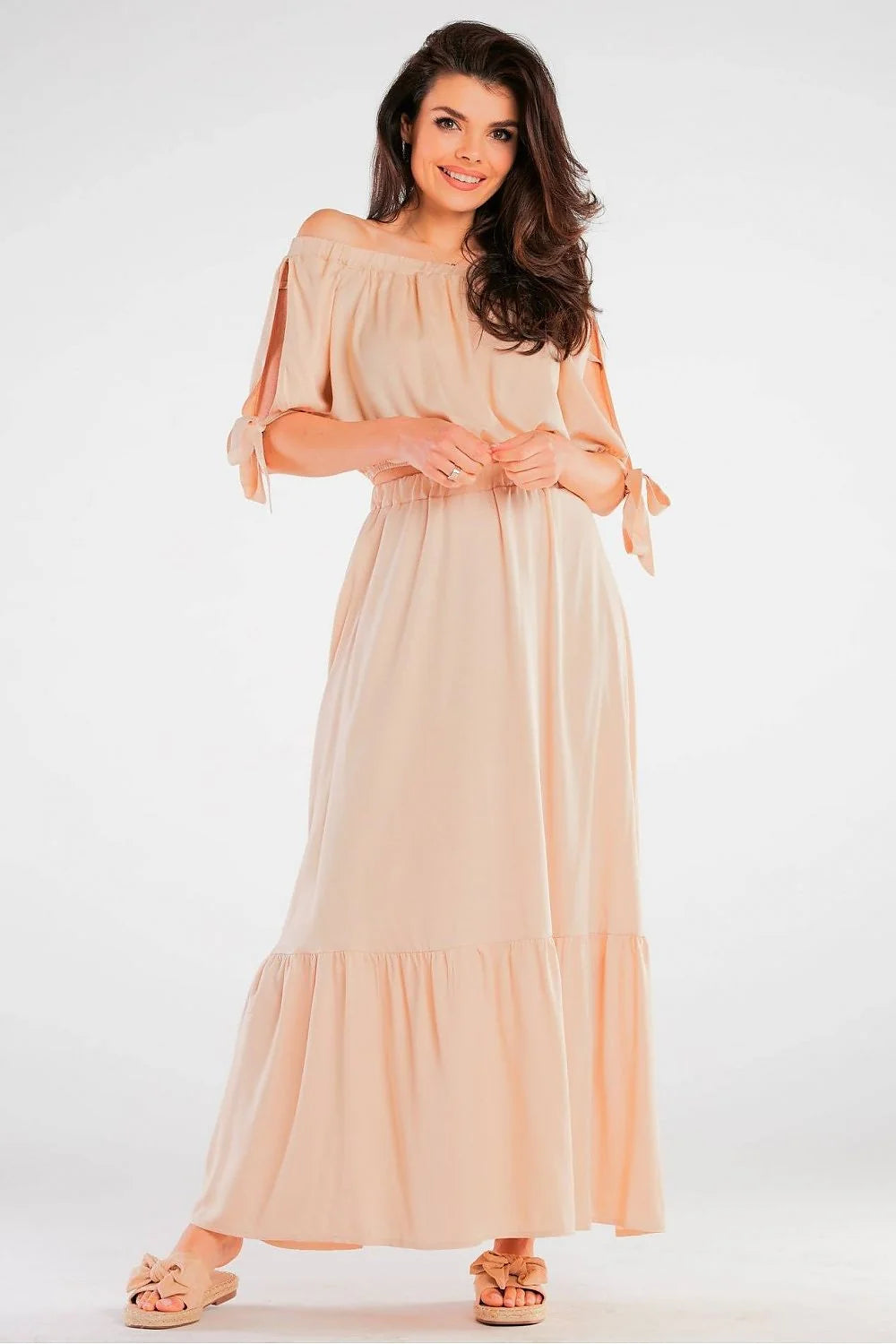 chemisier awama espagnol manches nouées beige nude viscose élasthanne bohème fluide ample épaules dénudées taille smockée jupe volant maxi