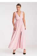Robe longue élégante pour femmes décolleté V dos nu coupe fluide fente devant taille ajustable polyester elasthanne