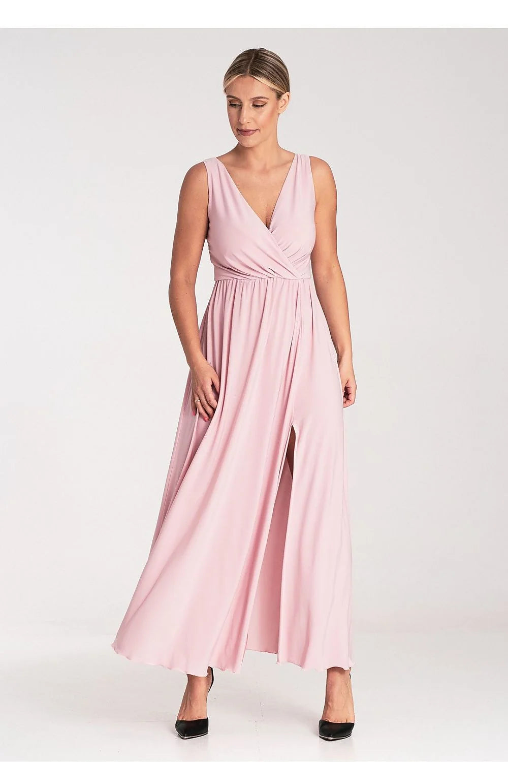 Robe longue élégante pour femmes décolleté V dos nu coupe fluide fente devant taille ajustable polyester elasthanne
