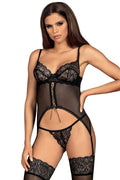 Ensemble guêpière dentelle noire sexy ajustée broderie florale transparence féminine pour moments intimes élégants