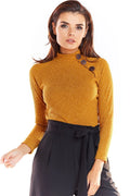 Haut femme tricot côtelé chic ajusté col montant boutons décoratifs jaune moutarde élégant moderne