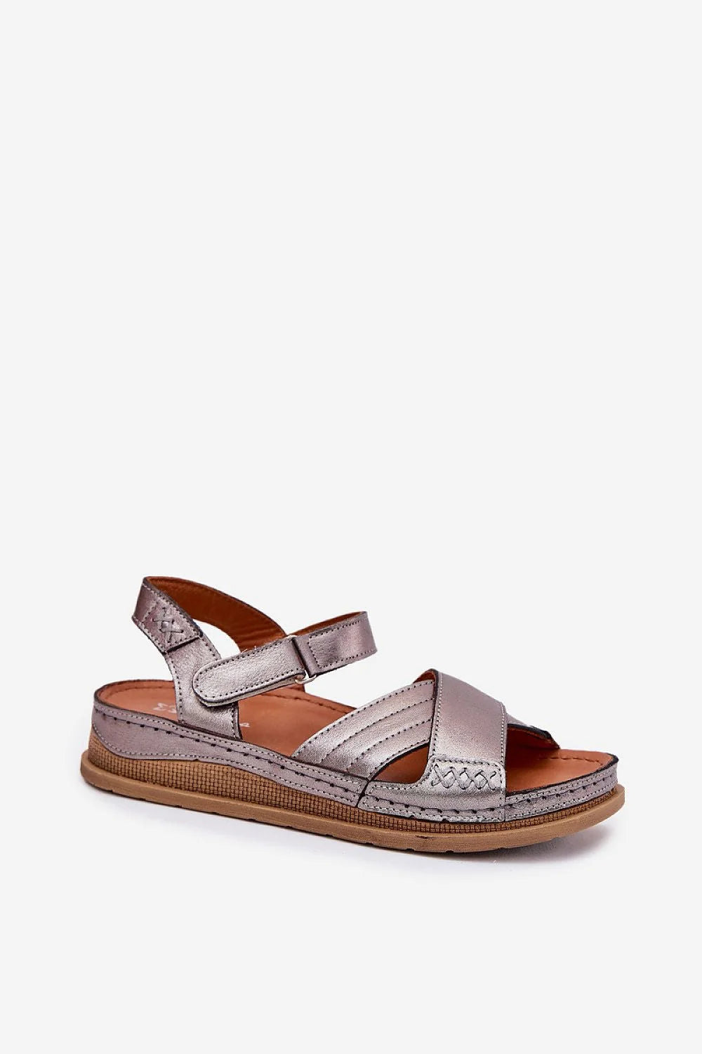 Sandales Step in style pour femmes en cuir naturel plateforme velcro style élégant métallisé gris argenté été