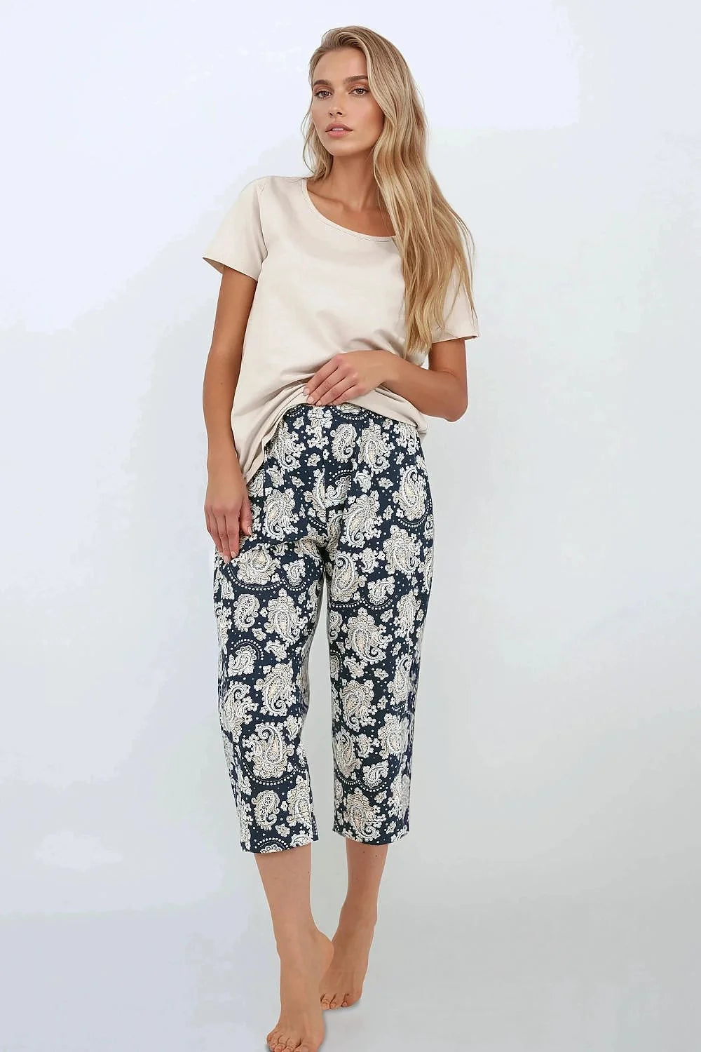pyjama femme élégant ample confortable coton doux respirant haut col rond manches courtes pantalon jambe droite taille élastique imprimé paisley