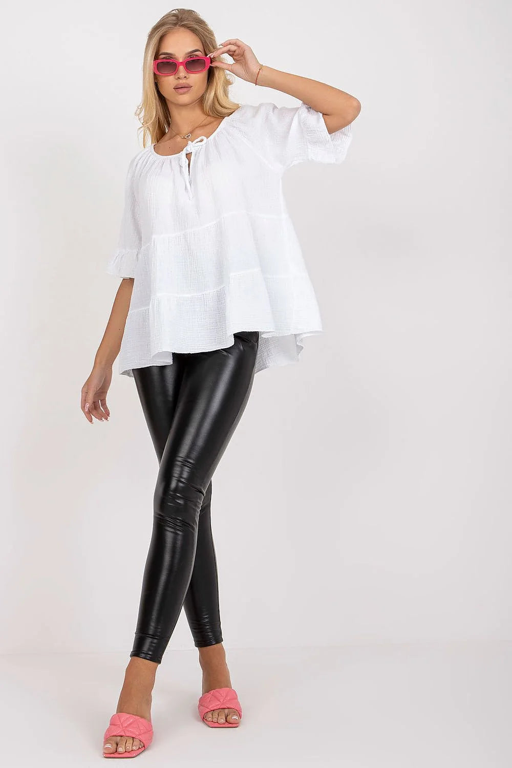 Chemisier Och Bella design élégant moderne coupe ample col noué manches trois-quarts volants coton 100% femme occasion quotidienne chic décontracté