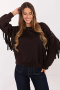 sweatshirt femme marron chocolat col rond coupe décontractée molleton doux viscose polyester manches longues franges style western clous métalliques épaules