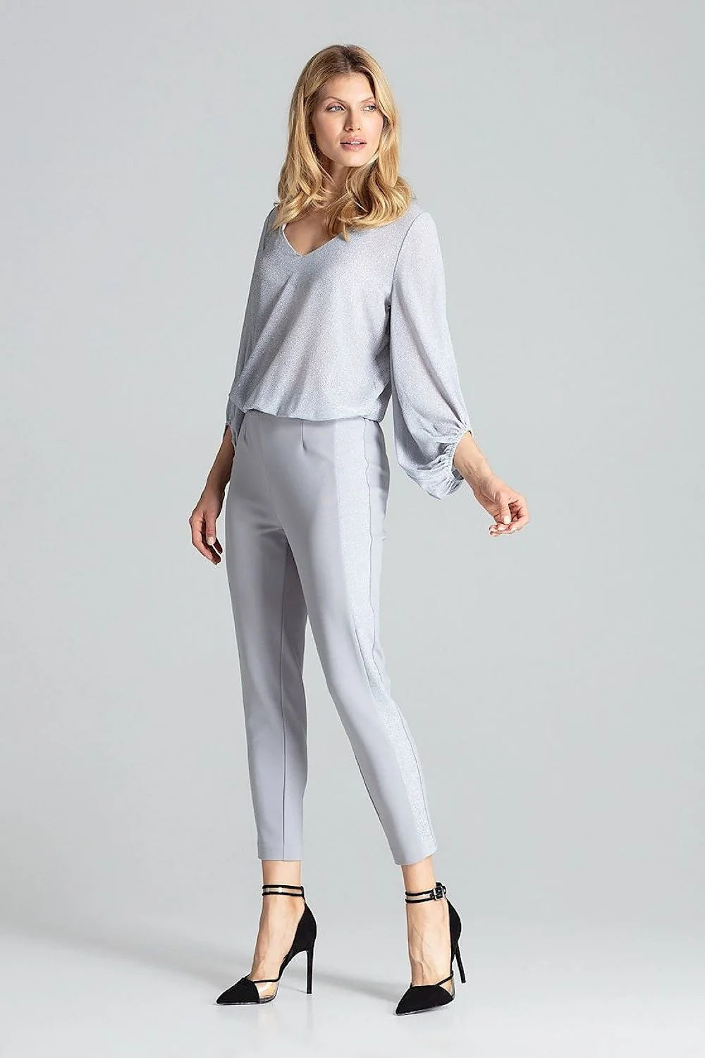 Pantalon femme noir brocart taille haute élasthanne polyester élégant fuselé semi-formel chic et confortable