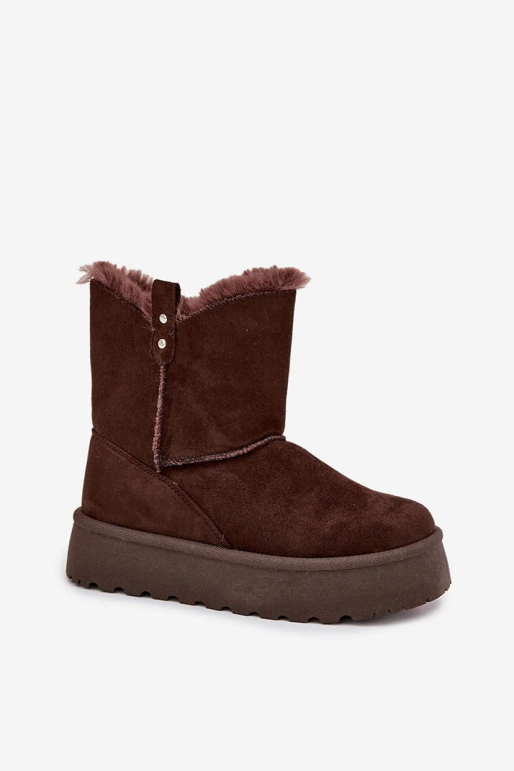 bottes hiver femme écosuède montantes plateforme crantée antidérapante fourrées doublure fourrure semelle confortable chaude marron bout rond rivets pullon élégantes