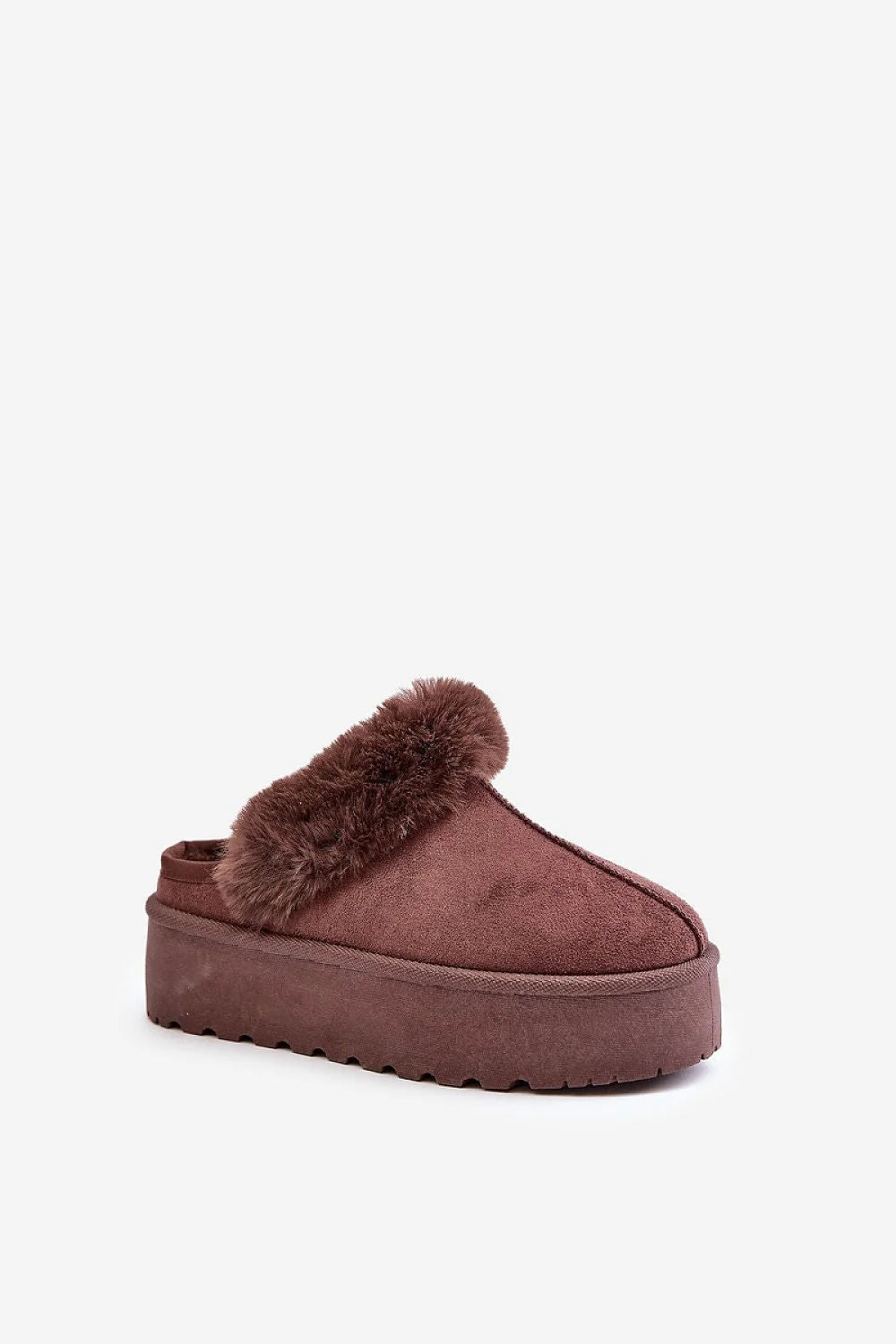 Mules douillettes femmes confort style décontracté plateforme 4 cm fourrure suedine écologique ouverture talon sangle ajustable couleur chocolat intérieur douillet