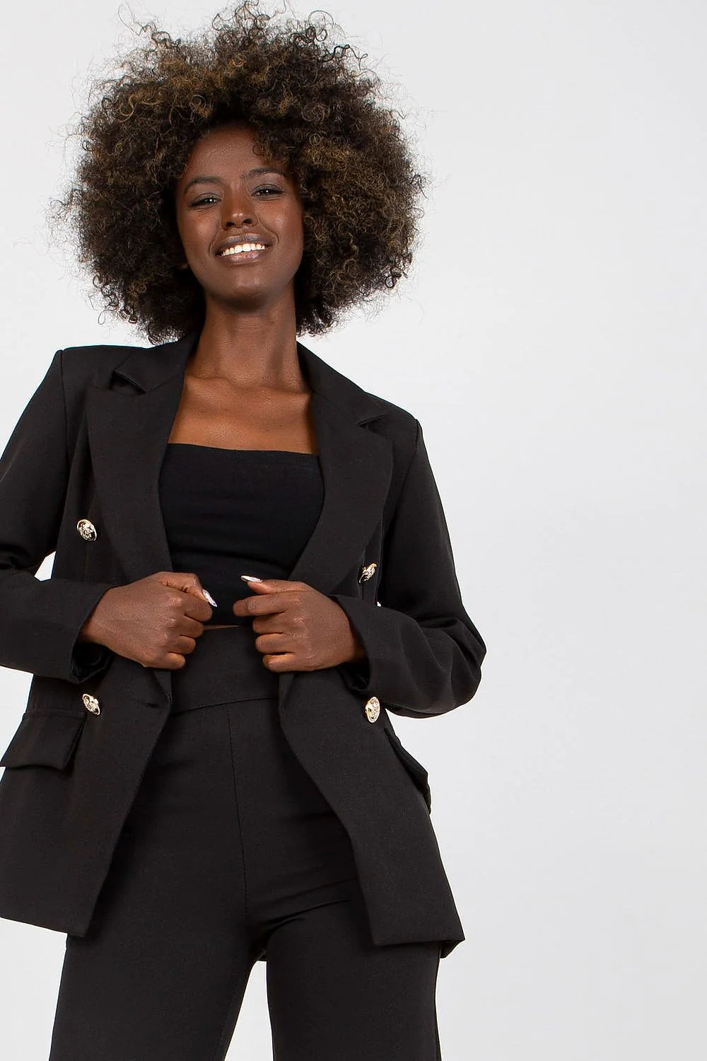 Veste et pantalon assortis pour femme élégant style contemporain coupe ajustée matériau polyester elasthanne taille ajustable noir finitions métalliques