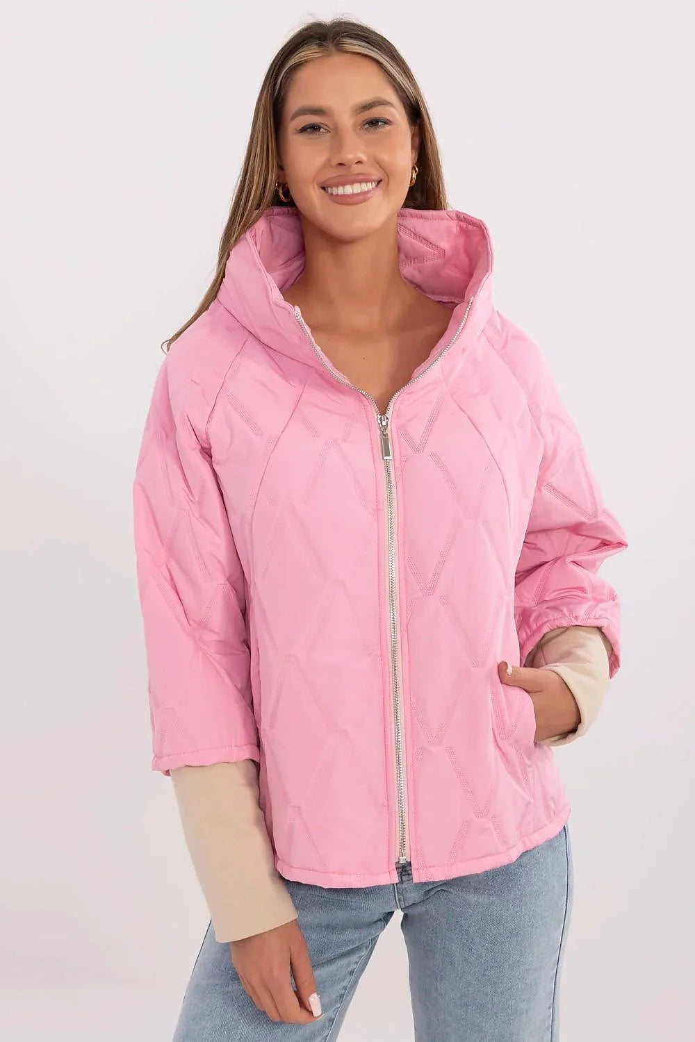 Veste Italy Moda rose matelassée losanges polyester veste de transition femme style décontracté tendance confortable pour quotidien automne hiver printemps