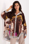 chemise tunique oversize imprimée manches longues épaules tombantes col classique boutonnée patte boutonnage voile léger semitransparent fluide asymétrique ourlet dos