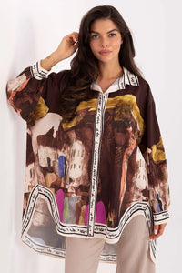 chemise tunique oversize imprimée manches longues épaules tombantes col classique boutonnée patte boutonnage voile léger semitransparent fluide asymétrique ourlet dos