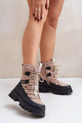 Bottines de neige pour femmes style moderne urbain beige et noir cuir et textile doublure chaude semelle antidérapante