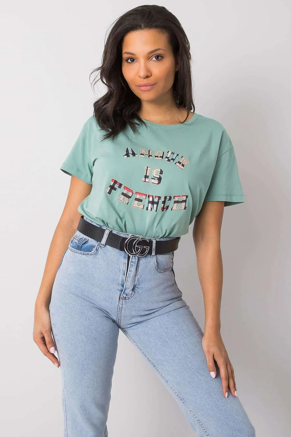 T-shirt femme Fancy design audacieux AMOUR IS FRENCH multicolore coton stretch loose fit casual été