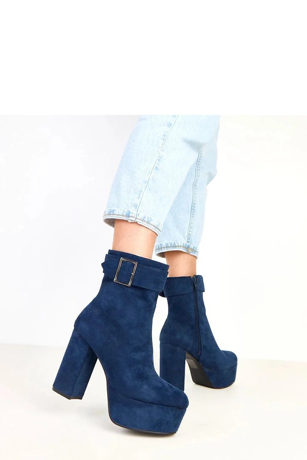 bottines femme suédé écologique bleu marine boucle décorative bout rond talon poteau 12cm plateforme 45mm tige 17cm fermeture zippée