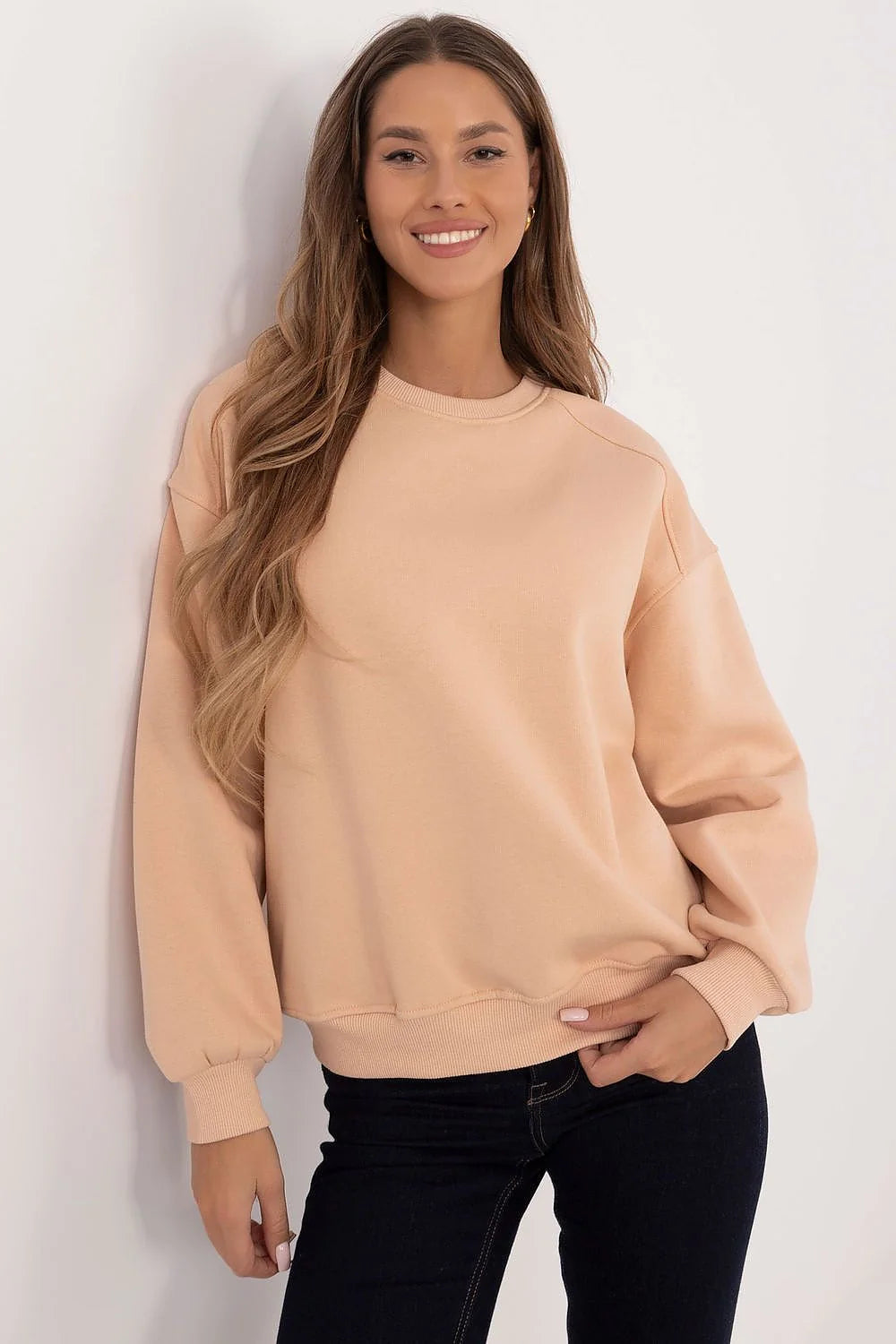 Sweatshirt pour femme en coton-polyester beige manches longues col rond style décontracté coupe ample occasion quotidienne