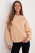 Sweatshirt pour femme en coton-polyester beige manches longues col rond style décontracté coupe ample occasion quotidienne