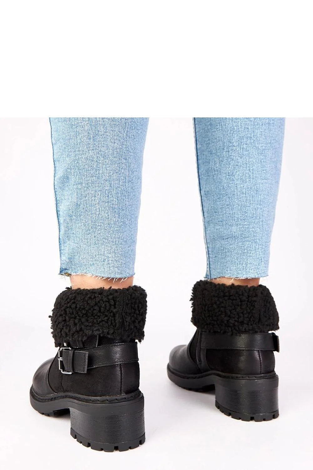 bottines femme cheville noir cuir synthétique col retroussable fourrure sherpa bout rond semelle crantée antidérapante talon bloc moyen zippée confortable