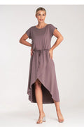 Robe de jour Figl taupe asymétrique en viscose élasthanne manches courtes ceinture ajustable femme