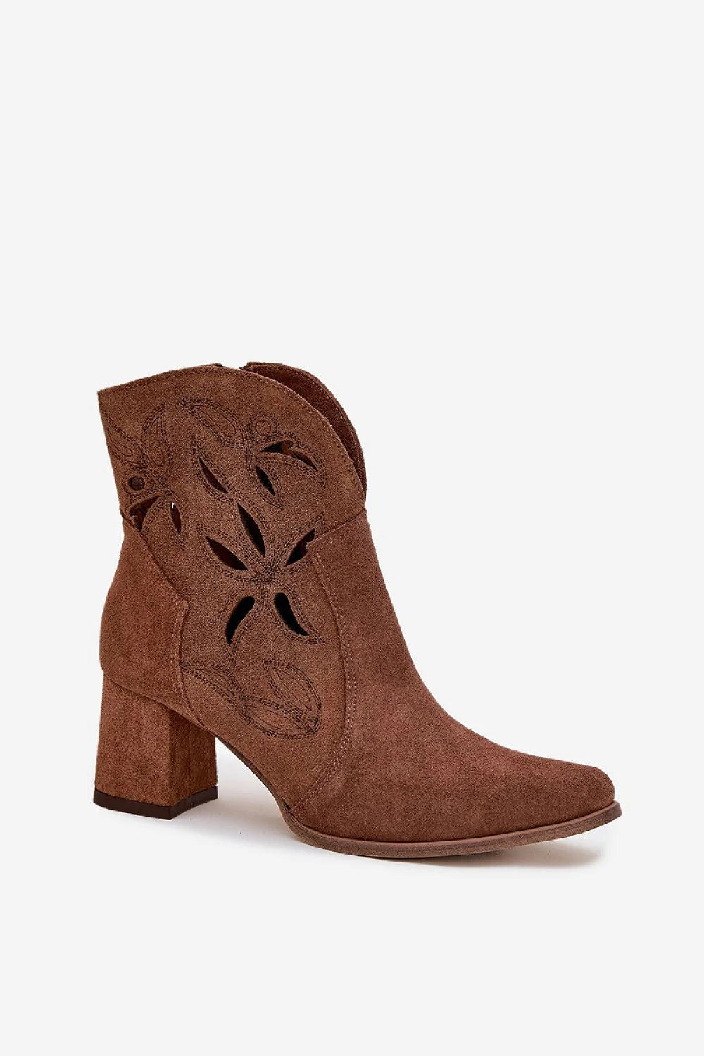 bottines femme daim marron suédé broderies florales découpes ajourées talon poteau moyen stable pointues fermeture éclair latérale dorée semelle confortable