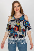Chemisier bohème floral multicolore bleu marine coton polyester manches courtes evasées franges dentelle blanches épaules dénudées encolure ronde