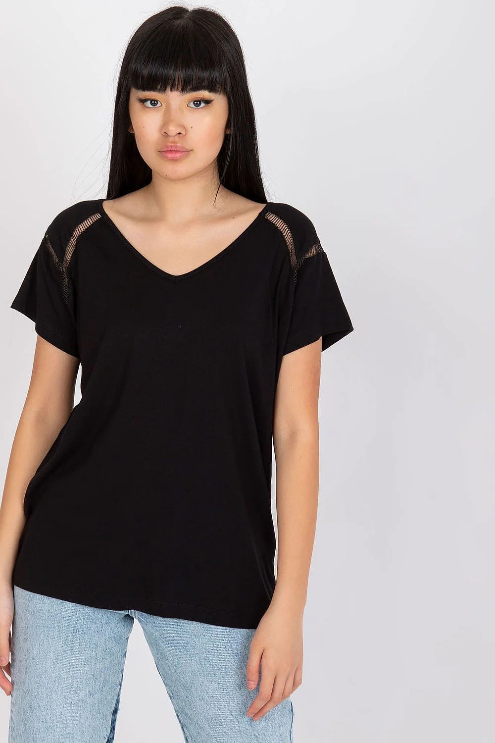 chemisier femme élégant décontracté sophistiqué coupe ample moderne encolureV manchescourtes épaules ajourées légère noir viscose elasthanne respirante finitionsoignée