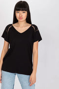 chemisier femme élégant décontracté sophistiqué coupe ample moderne encolureV manchescourtes épaules ajourées légère noir viscose elasthanne respirante finitionsoignée