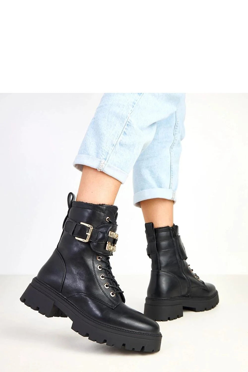 bottines femme cuir écologique noir tige mollet lacets fermeture éclair latérale semelle plateforme crantée talon plat pierres scintillantes chaîne dorée