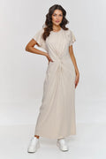 Robe de jour Makadamia beige longue manches courtes col rond nœud central silhouette linéaire femme