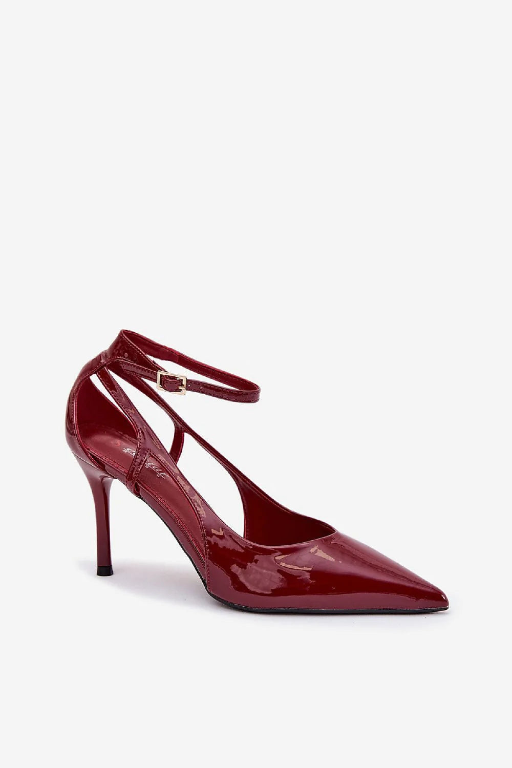 escarpins femme vernis bordeaux pointu bout stiletto talon haut bride cheville réglable boucle découpes latérales raffinées
