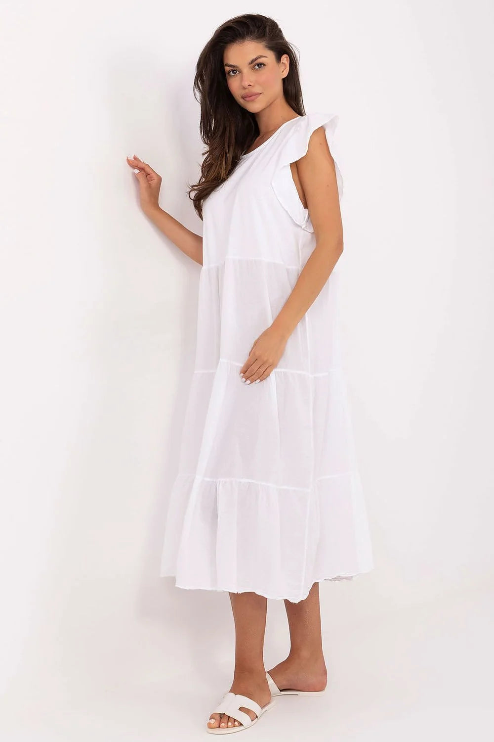 Robe de jour Och Bella été longue style bohème chic manches courtes ruffles dos lacing coton respirant couleur blanche femmes