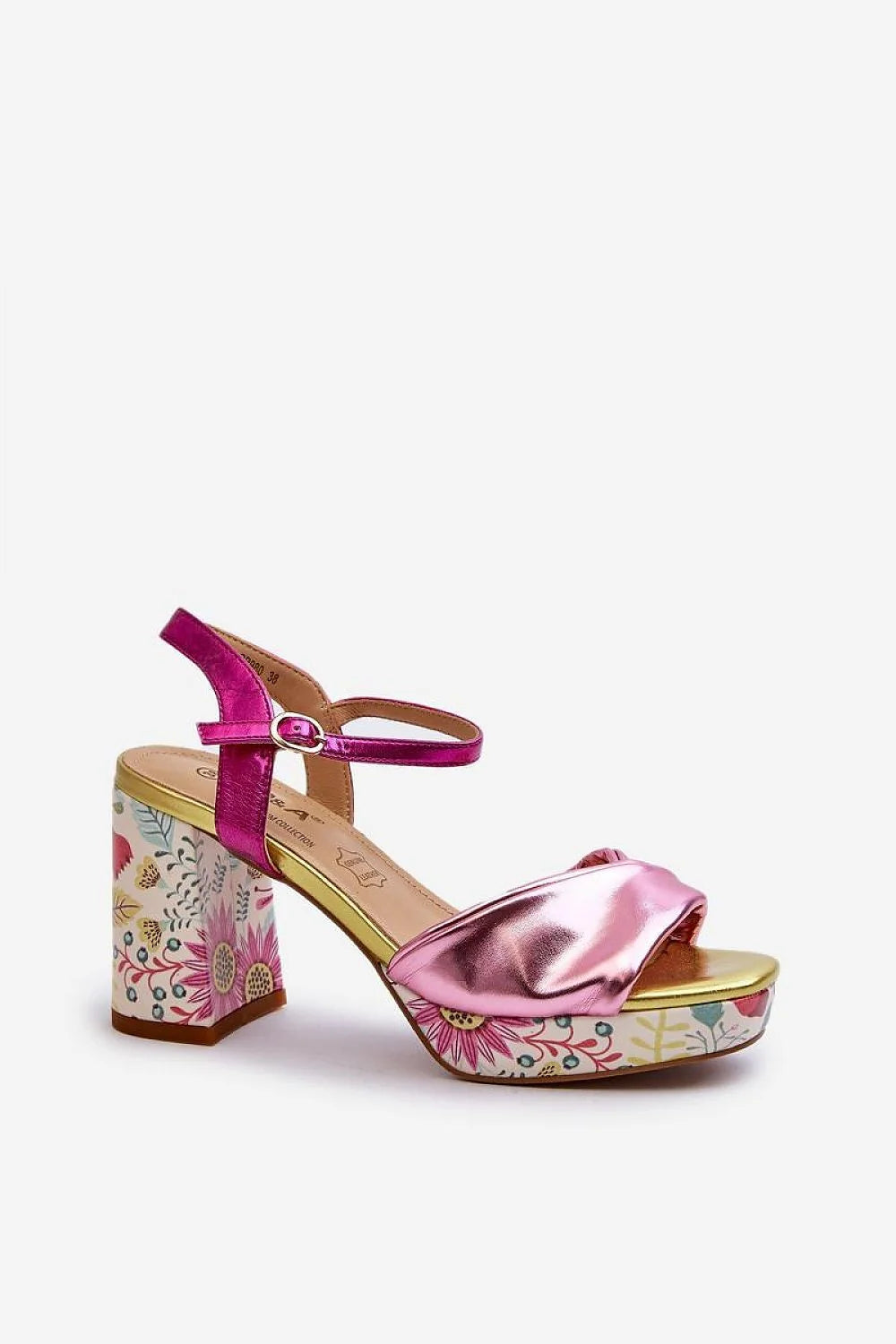 Sandales femmes design floral motif multicolore métallique rose talon bloc 7-8 cm bride ajustable confort été style rétro élégance