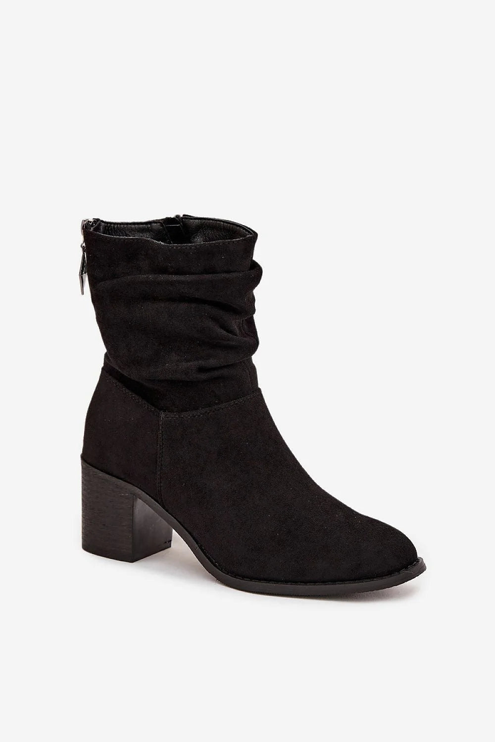 bottines femme suédine noires tige mi mollet froncée bout légèrement pointu silhouette effilée fermeture éclair latérale talon bloc confortable