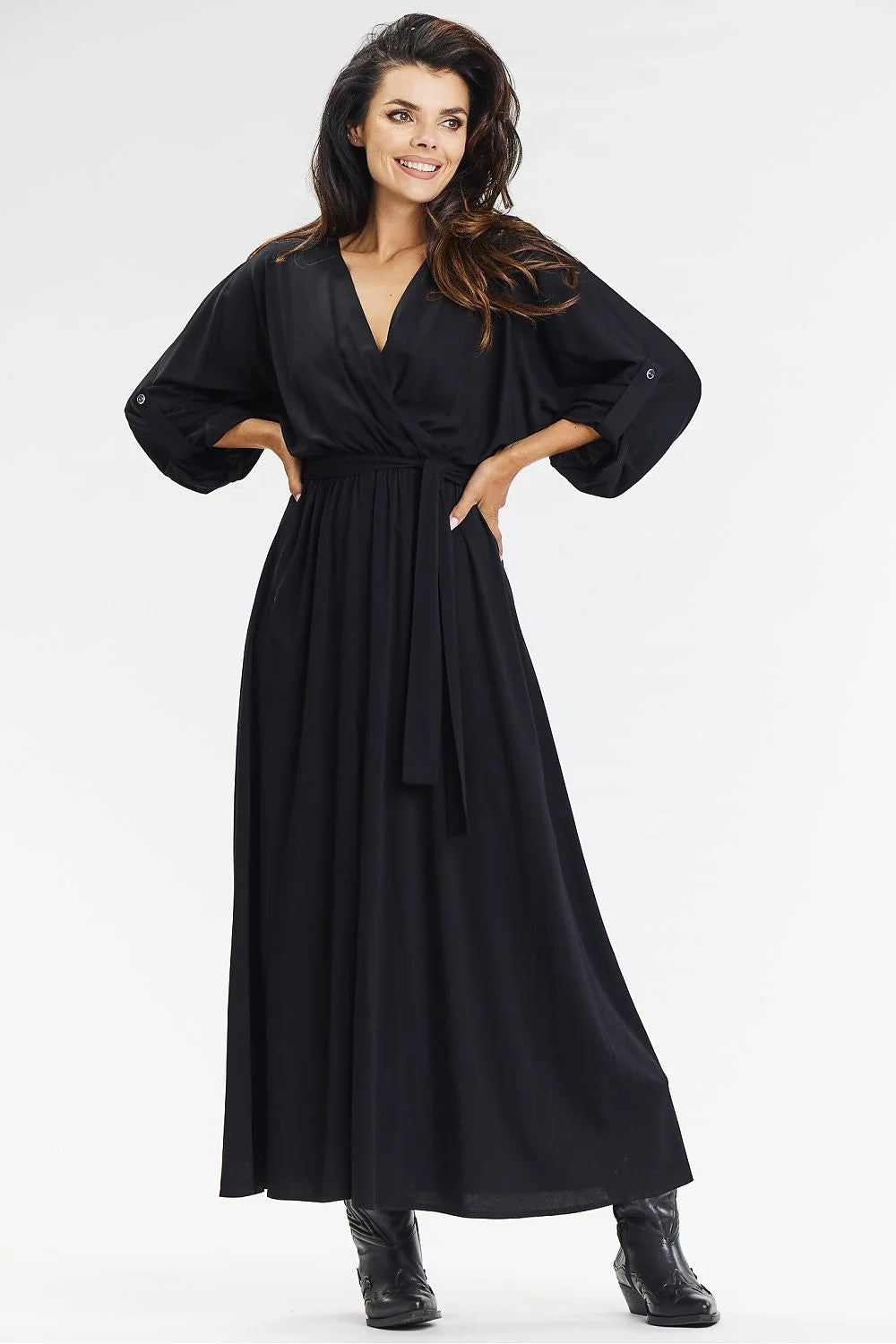 Robe longue en viscose noire style bohème chic manches longues en V croisé taille ajustable femmes