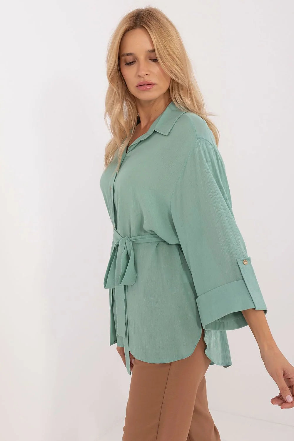 Chemise féminine décontractée Lakerta en coton vert menthe manches longues col classique ceinture ajustable mode polyvalente