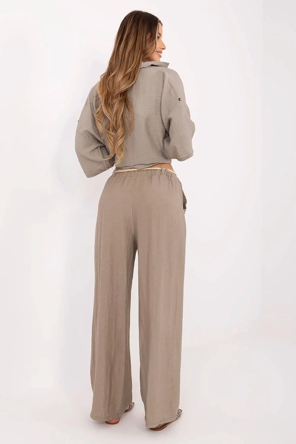 Pantalon femme Italy Moda large bohème beige viscose lin ceinture corde ajustable été décontracté