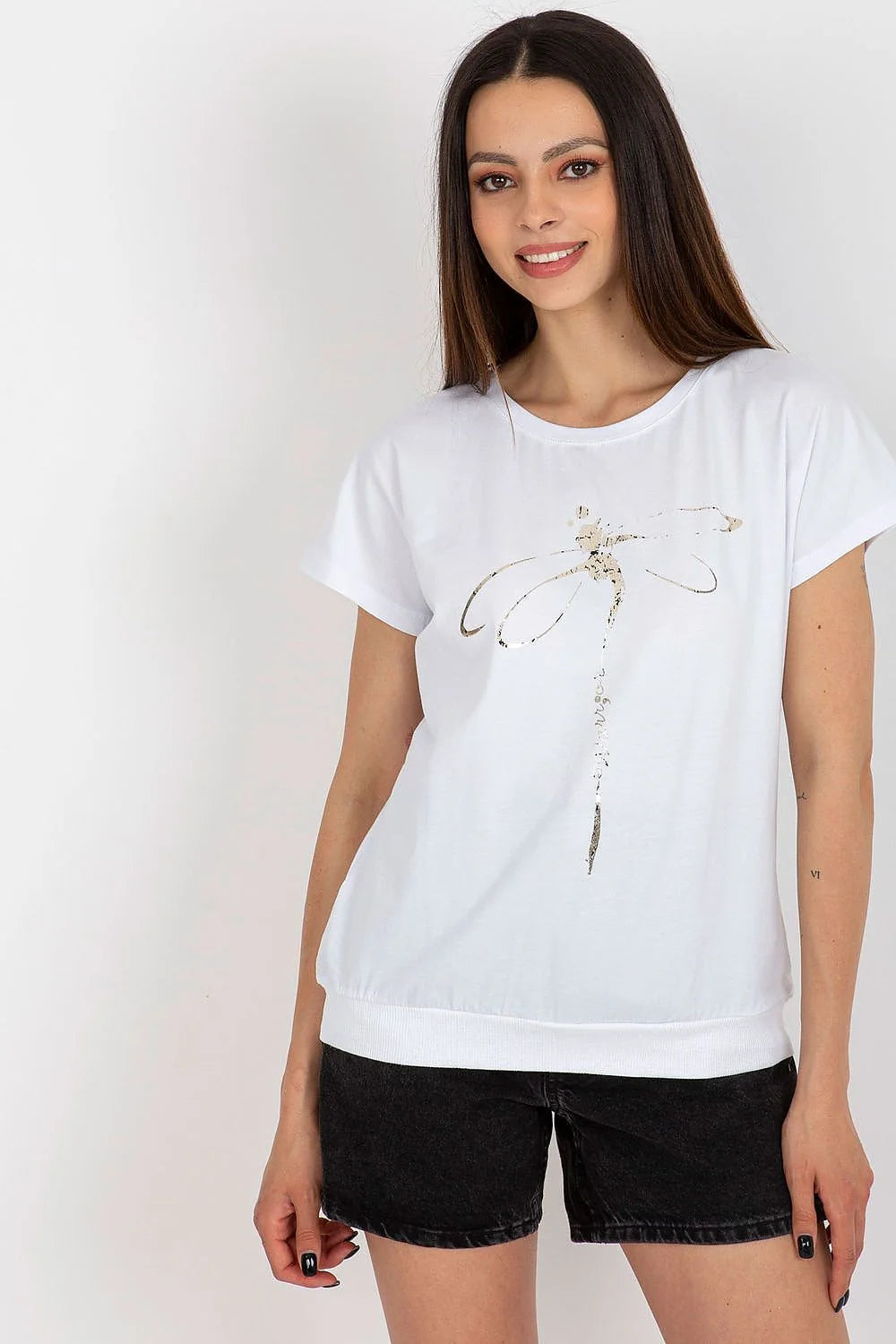 Chemisier en coton pour femmes style Parisien manches courtes encolure ronde motif doré tunique élégante décontractée polyvalente