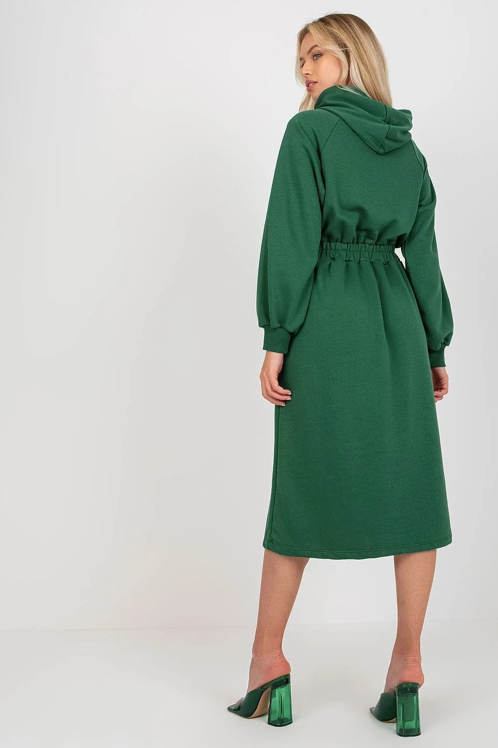 Robe de jour Relevance en coton et elasthanne, manches longues, capuche, boutons decoratifs, couleur verte, style casual, pour femme