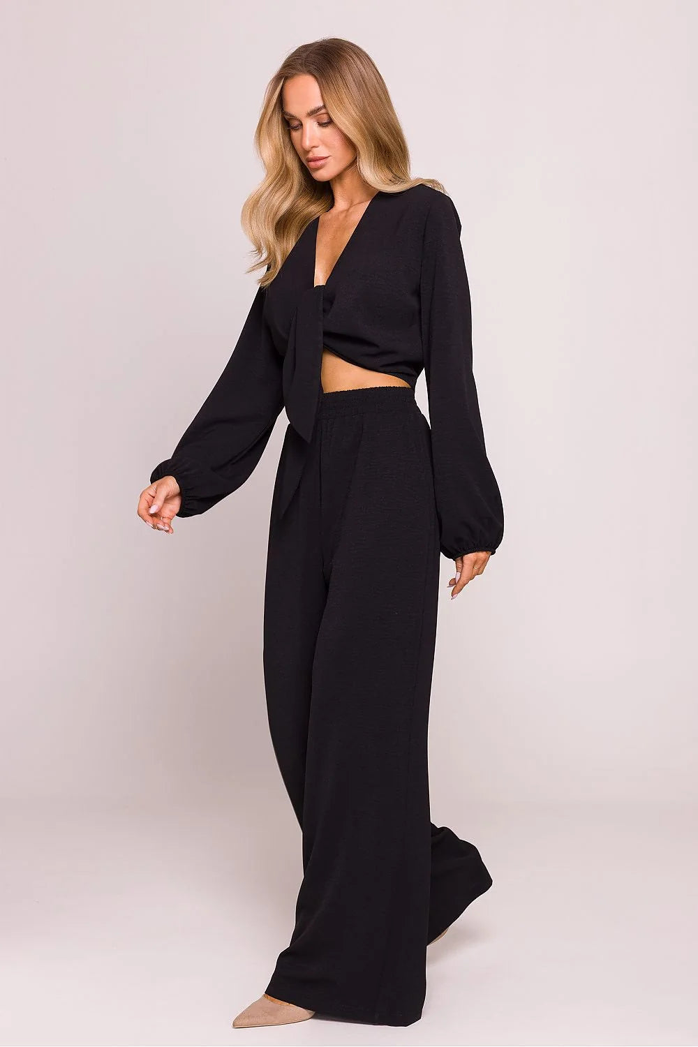 Chemisier moe élégant longues manches crop top décolleté V noeud avant pants taille haute femme