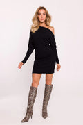 Robe de jour Moe noire mini coton blend épaule nue manches longues style moderne chic coupe ajustée asymétrique élégante femme